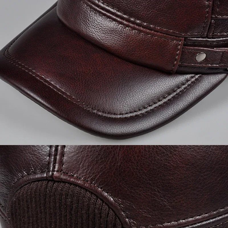 Winter Genuine Leather Cap Mens Flat Caps Military Hat Elegant Man Baseball Cap British Vintage Cowhide Ear Warm Hat 260408 - view 7