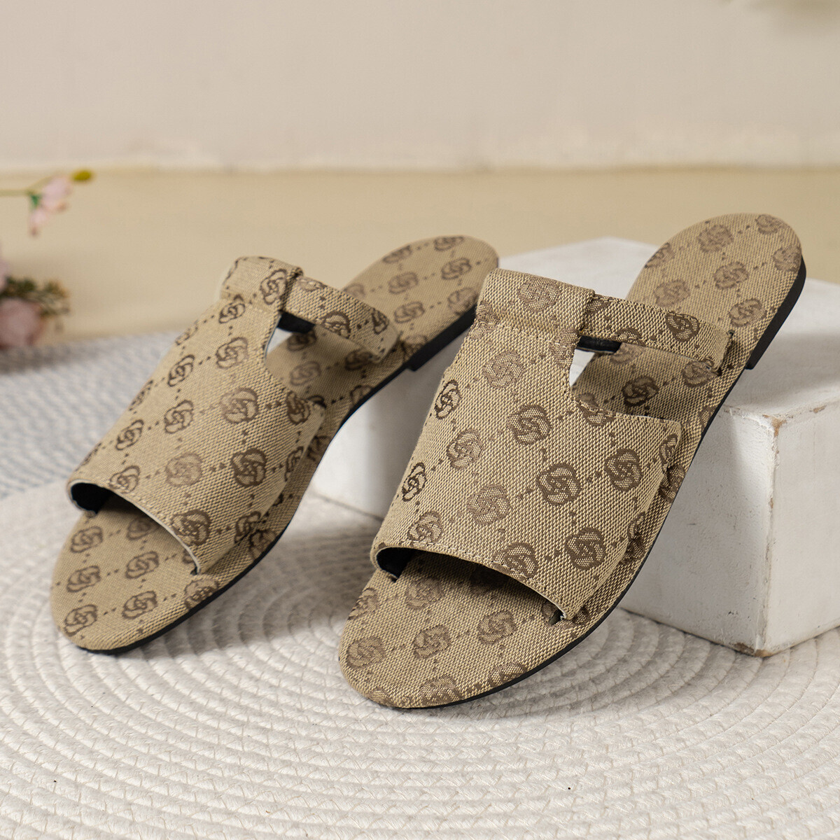 Women's Floral Print Square Toe Slide Sandals Casual Flat Slip On Summer Slippers Free shipping Daily Outfit