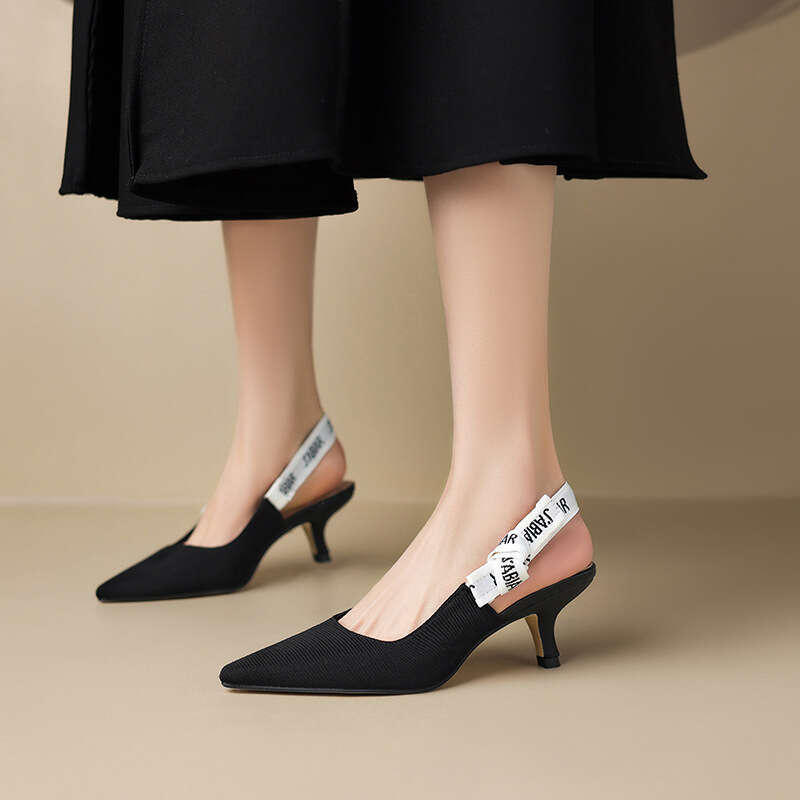 Summer New Versatile Cat Letter for Women, Closed Toe, Thin Mid Heel, Backless, Shallow Mouth, High Heel Sandals