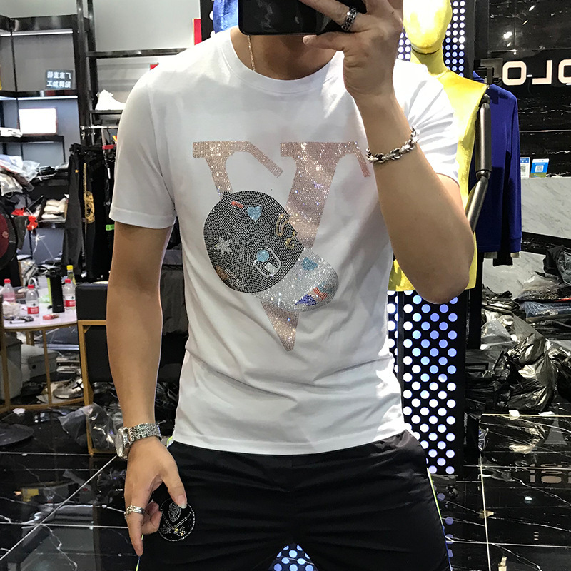Designer Short-sleeved Men's Letter-style Artificial Gemstone Short-sleeved T-shirt From A Fashionable Brand With Unique Fashion Design And A Cas