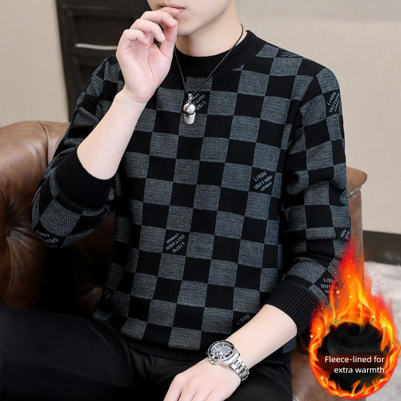 Designer Jacket - Men's Thick Wool Round-neck Sports Shirt Fall/winter Casual Checkered Long-sleeved T-shirt Warm Basic Style Blouse Luxurious Ja