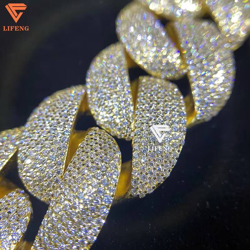 New Fashion 925 Silver Moissanite Diamond Necklace 25mm Ice Bubble Chain Gold Plated Cuban Link Alloy for Men for Hip-hop