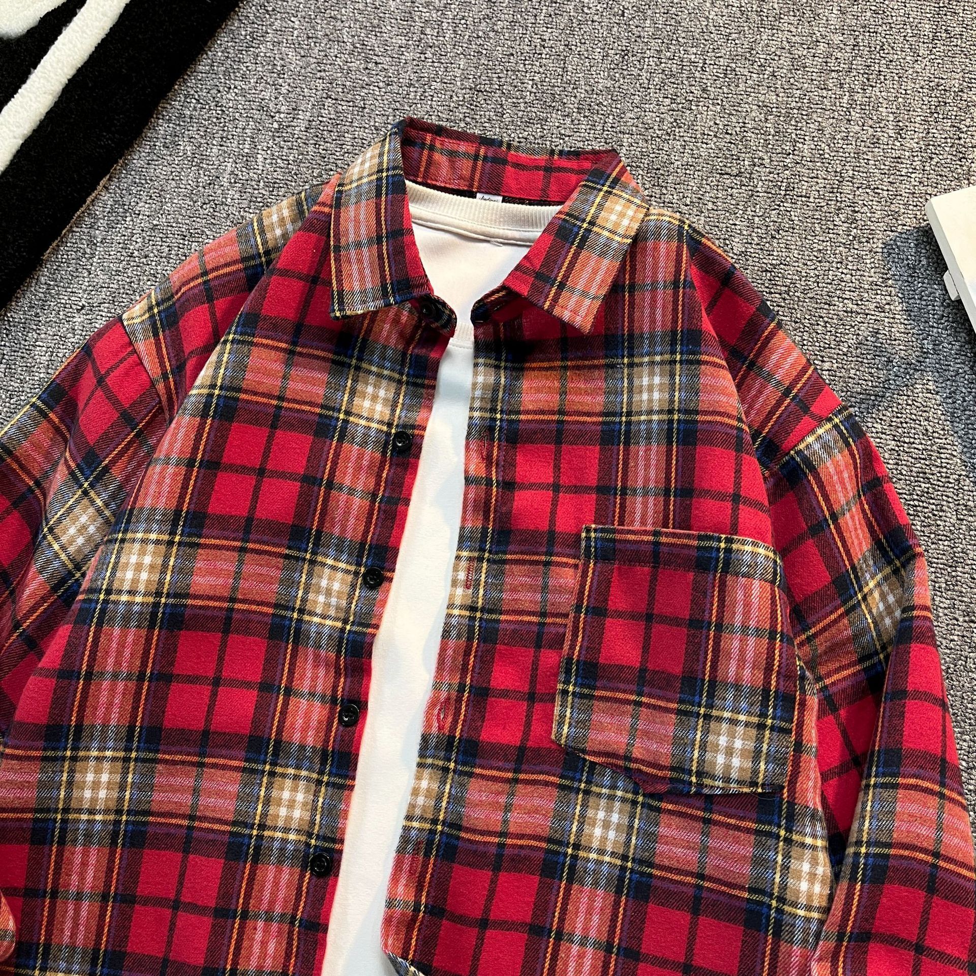 American Classic Retro Luxury Style Red Checkered Spring/summer Couple Long Sleeved Shirt M-8XL High Street Designer Shirt Men's Outdoor Casual J