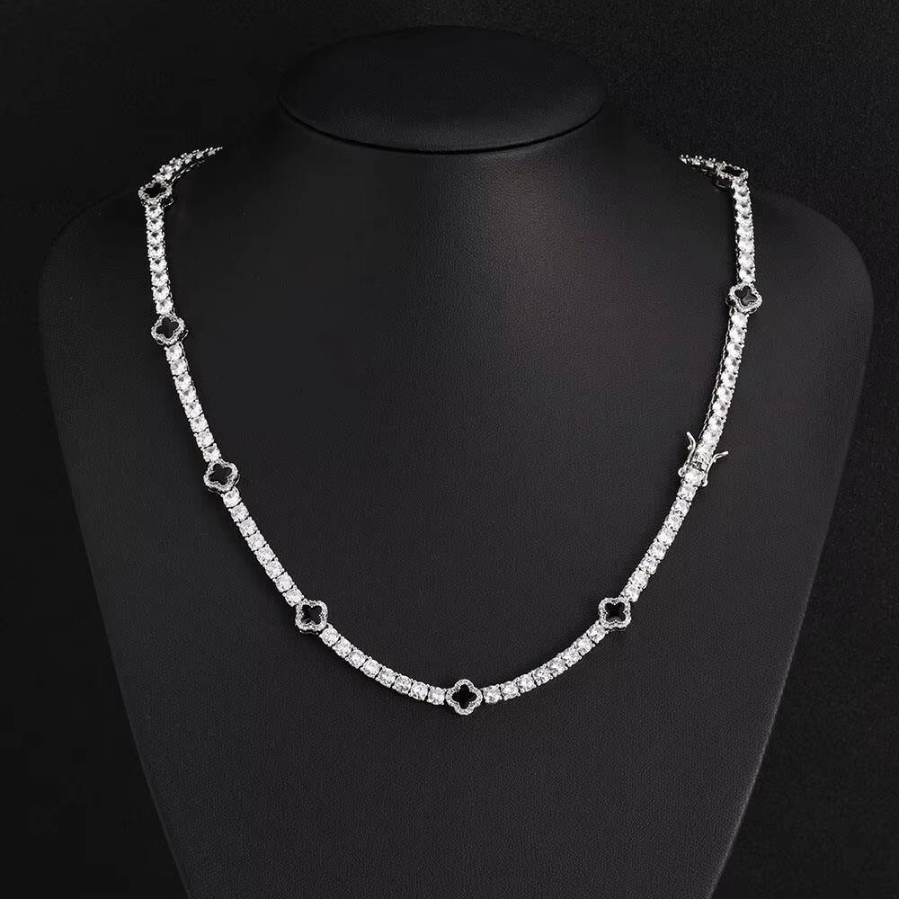 Hip Hop Fine Jewelry 4mm Iced Out Moissanite Tennis Chain Black Four Leaf Clover Tennis Chain Necklace for Men Women Gift