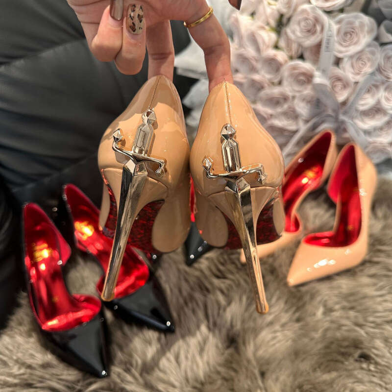 Huangbu Women S Shoes Gold Scepter High Heels New Model Thin Heel Comfortable Printed Red Sole Pointed Toe Leather Pumps