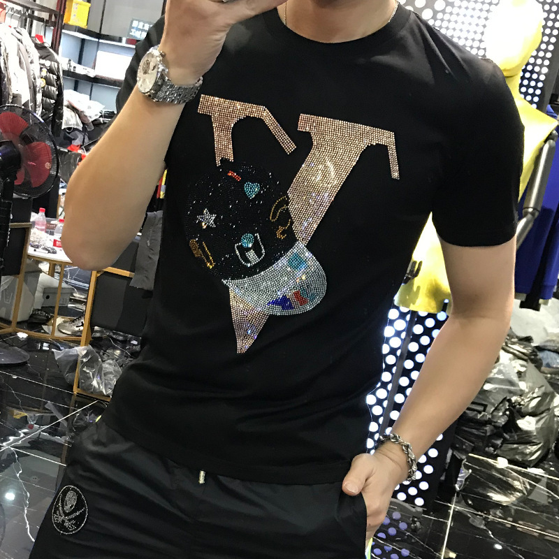 Designer Short-sleeved Men's Letter-style Artificial Gemstone Short-sleeved T-shirt From A Fashionable Brand With Unique Fashion Design And A Cas