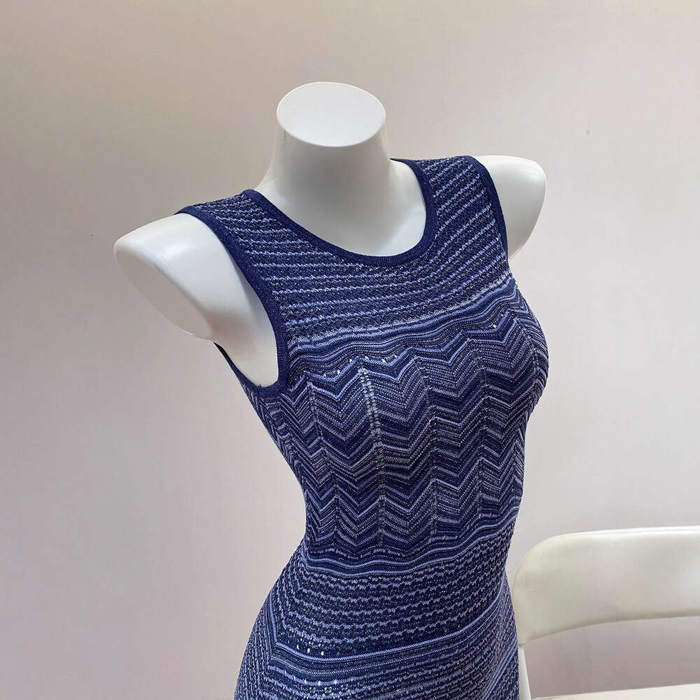 2026 Summer New Designer Holiday k30 Style Hollow Knitted Deep Blue Wave Pattern Tank Top cardigan Women's Dress
