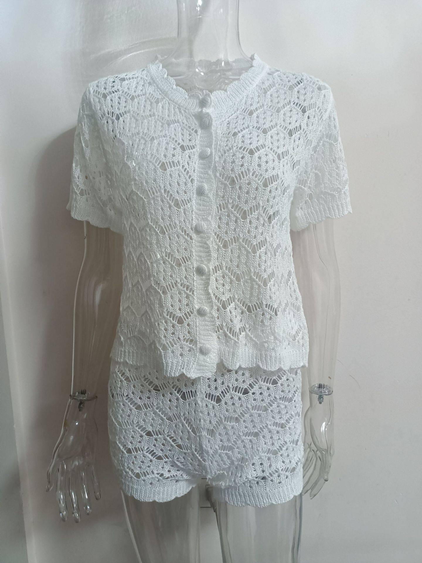 Women's Tracksuits Women Crochet Hollow Out Top Shorts Set Fashion Round Neck Cardigan Crop Tops 2 Piece Sets Summer Lady Y2k Beach Party