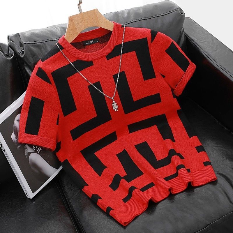 2026 Designer T-shirt Luxury Brand Fashion New Thick Round Neck Pullover Short Sleeved Top Men's Knitted Sweater Striped Jacquard T-shirt Youth B