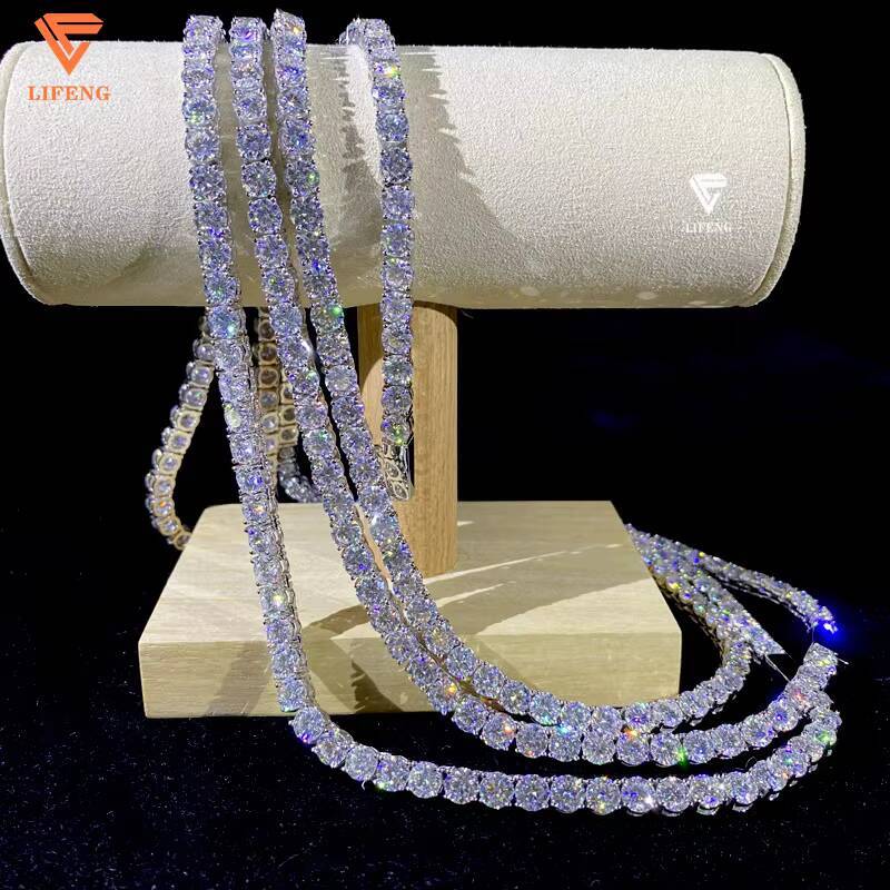 Custom Iced Out Hip Hop Jewelry 6mm VVS Moissanite Diamond Tennis Ball Chain Round Shape 925 Sterling Silver Tennis Necklace