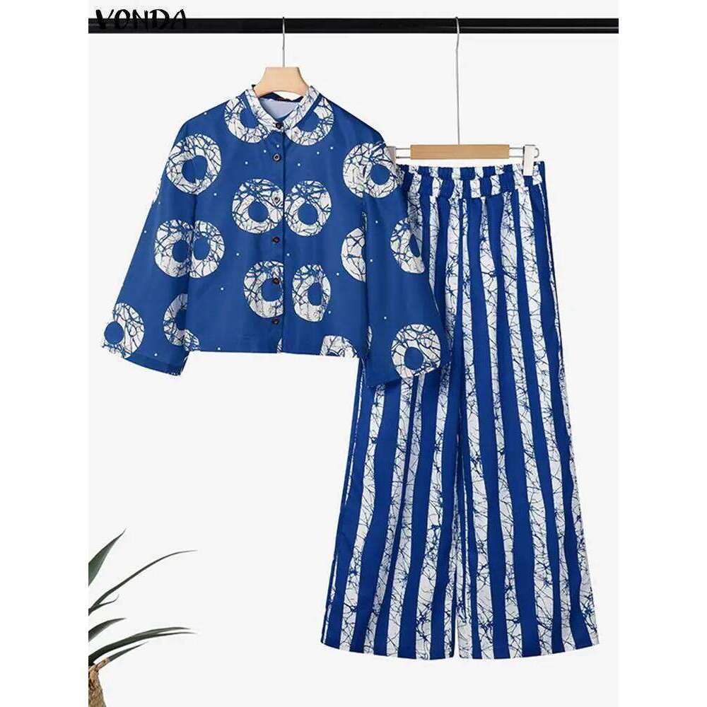2026 New Arrival Plus Size Women 2 Piece Outfits Bohemian Print Long Sleeve Shirts High Waist Wide Leg Pants Vintage Casual Loose Tracksuit MAKOUFEI