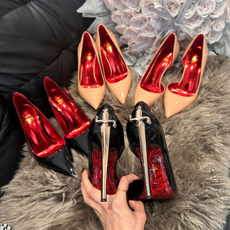 Huangbu Women S Shoes Gold Scepter High Heels New Model Thin Heel Comfortable Printed Red Sole Pointed Toe Leather Pumps