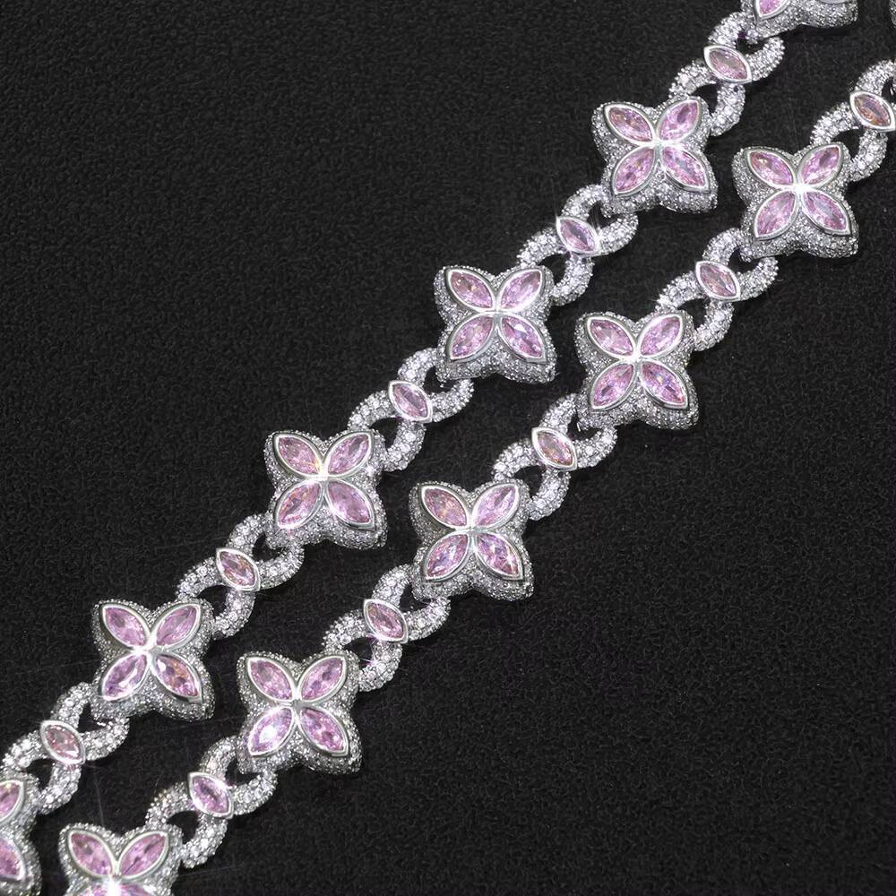 NUOYA Fine Jewelry Silver Plated Cuban Link Chain Colorful Eye Marquise Zircon Iced Out Diamond Four-Leaf Clover Chain Necklace