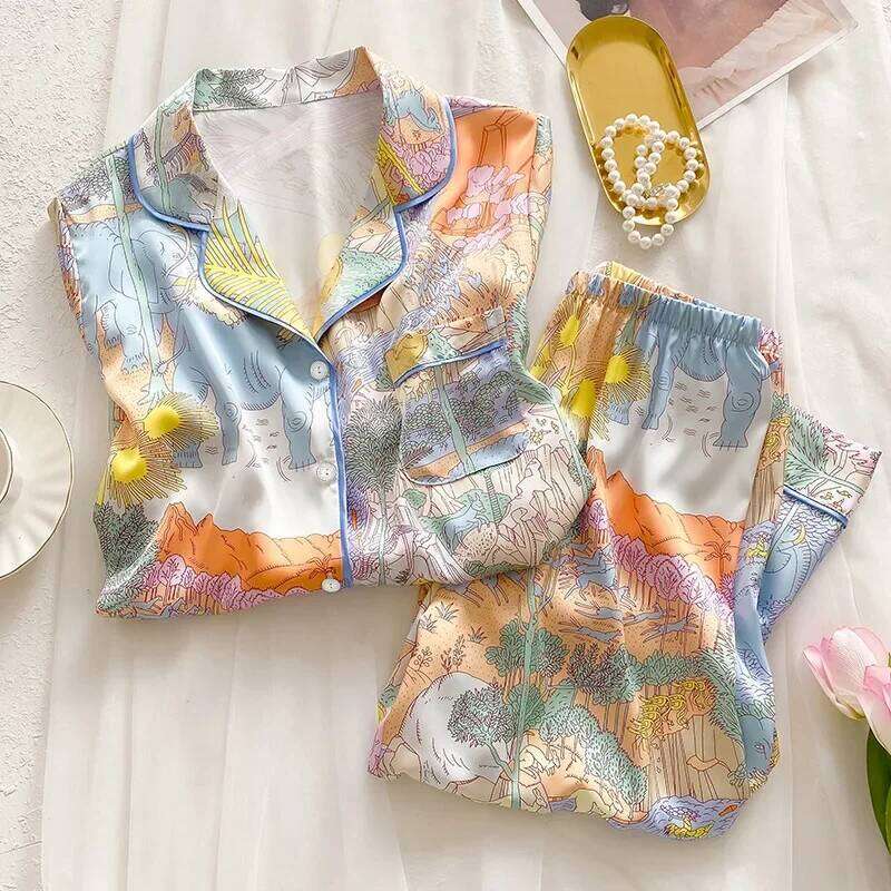 Women Faux Silk Satin Pajamas Set Spring Autumn Animal Print Long Sleeve Pyjama Soft Comfortable Nightwear Loungewear Homewear Casual Sleepwear Pjs MA