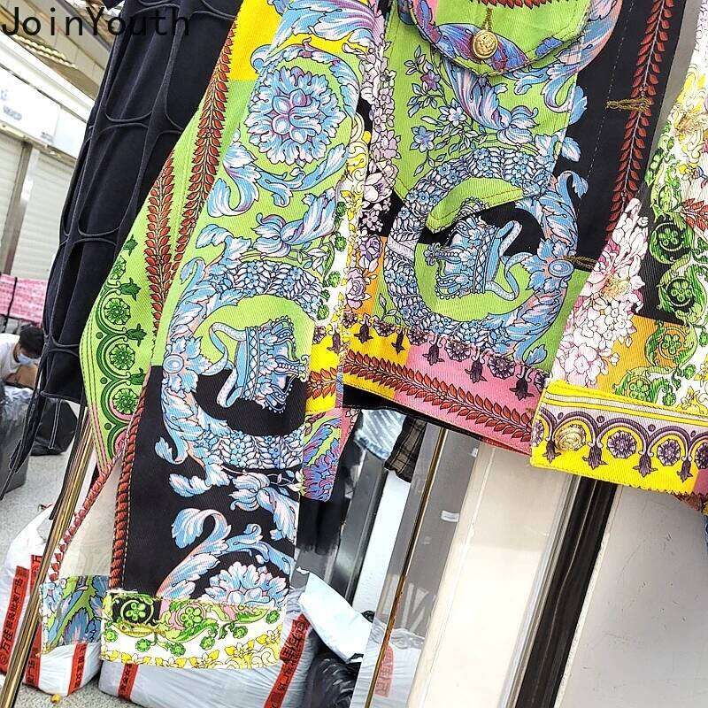 Women Harajuku Print Denim Jacket Casual Korean Style Cropped Coat Streetwear Fashion Outwear Y2K Tops Vintage Jean Jacket MAKOUFEI