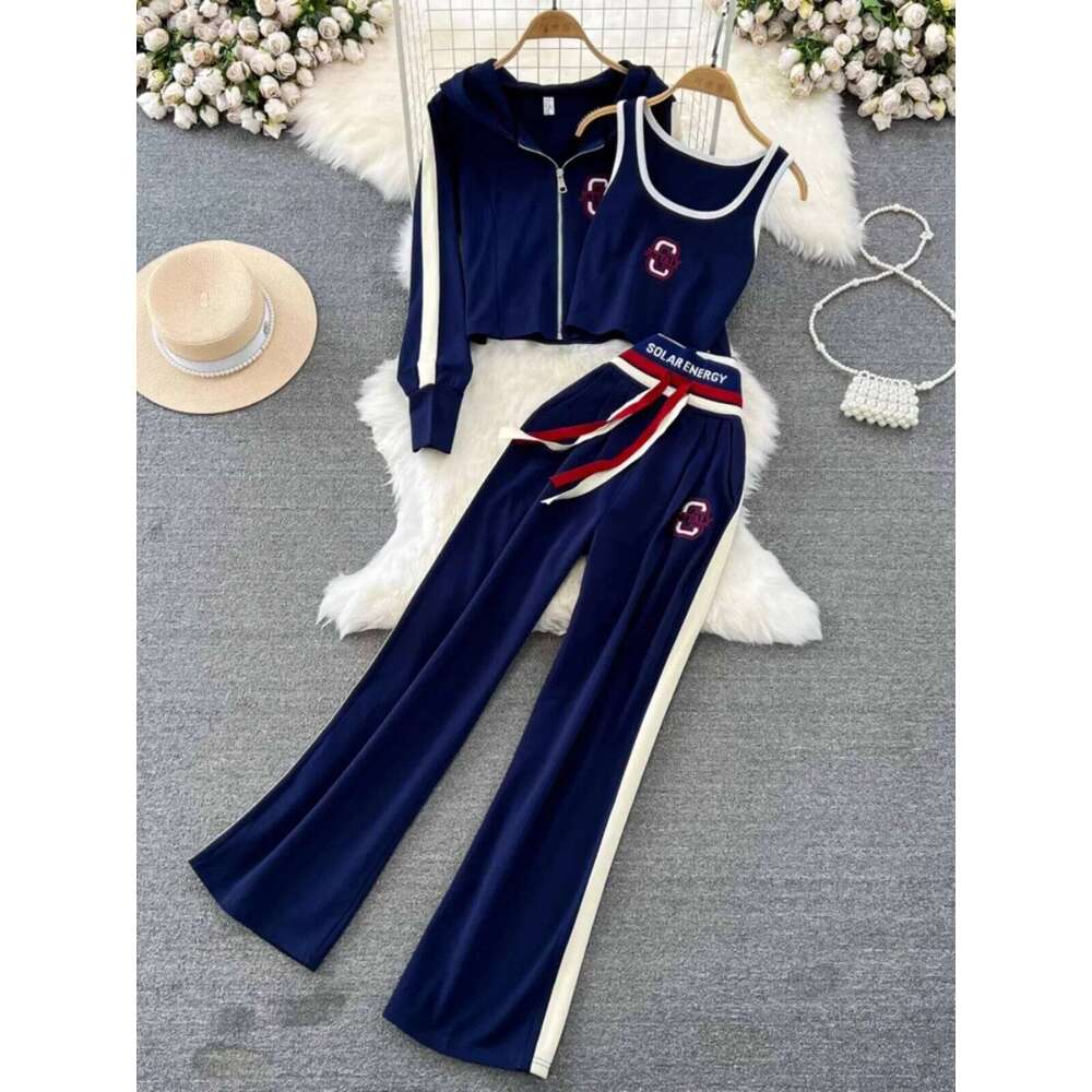 Fashion Y2K Women 3 Piece Set Zipper Hooded Cardigan Vest Jacket High Waist Wide Leg Pants Korean Casual Tracksuit MAKOUFEI