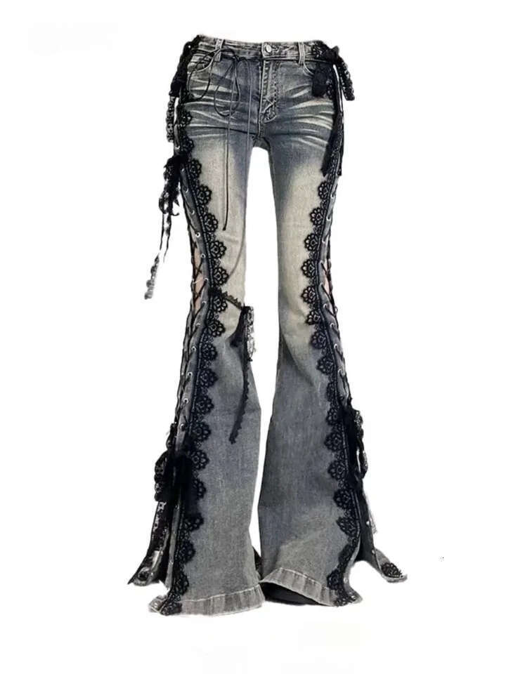 Women's Retro Eyelet Lace Flare Jeans, Low Rise Slim Denim Pants, Split Bell Bottom Bootcut Trousers, Vintage Streetwear Y2K Fashion MAKOUFEI
