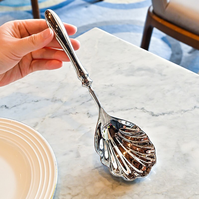 French-style vintage light luxury 304 stainless steel gourd-handled shell spoon and fork, hotel shared serving mixing spoon, factory