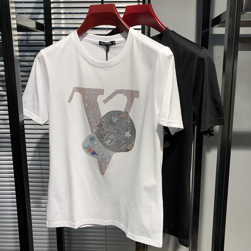 Designer Short-sleeved Men's Letter-style Artificial Gemstone Short-sleeved T-shirt From A Fashionable Brand With Unique Fashion Design And A Cas