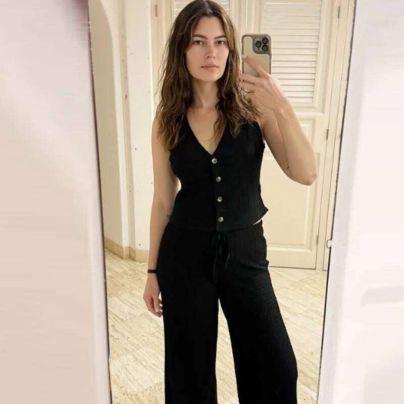 Women's 2 Piece Outfit, Textured Lace Up Pants Set, V Neck Sleeveless Crop Vest Top, Fashion Casual Streetwear Y2K Party Clubwear Suits MAKOUFEI