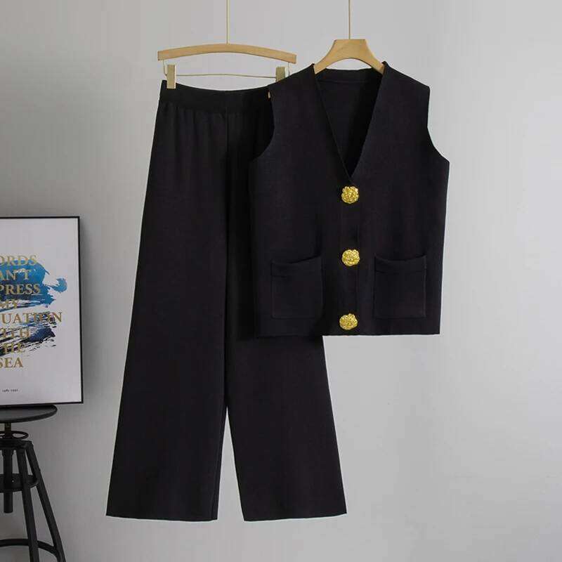 Casual Knit Pieces Suit Women V neck Sleeveless Single Breasted Slim Tank Wide leg Pants Female Set Spring Summer MAKOUFEI