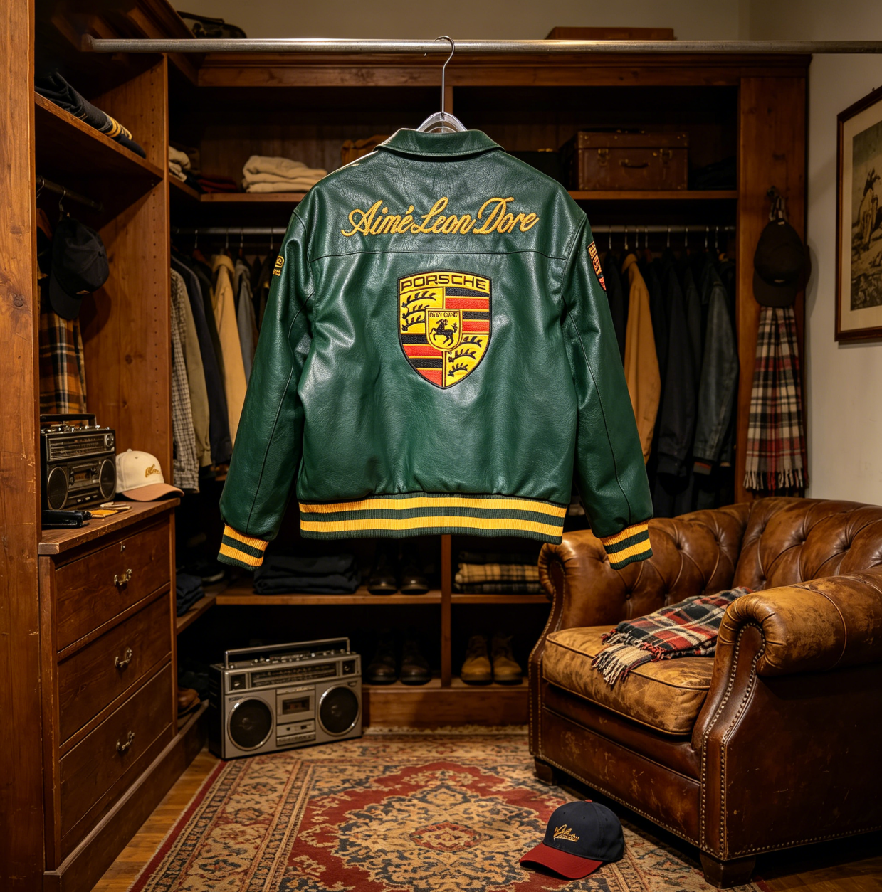 Men's leather jacket, high-quality baseball jersey, embroidered PU leather sleeves, spliced cotton men's and women's jacket jacket
