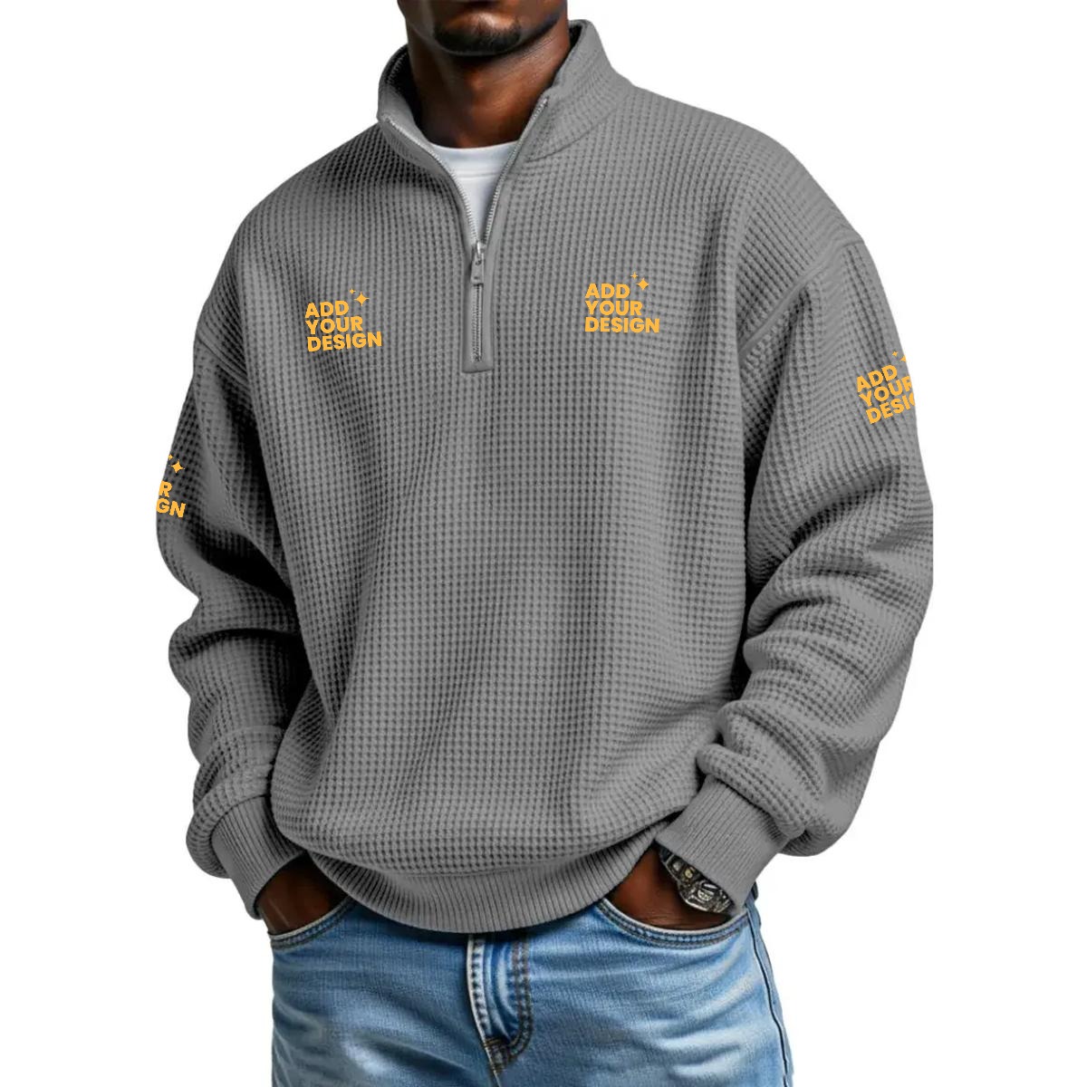Men's Half Zip Waffle Knit Sweatshirt 95% Polyester 5% Spandex Casual Pullover Relaxed Fit