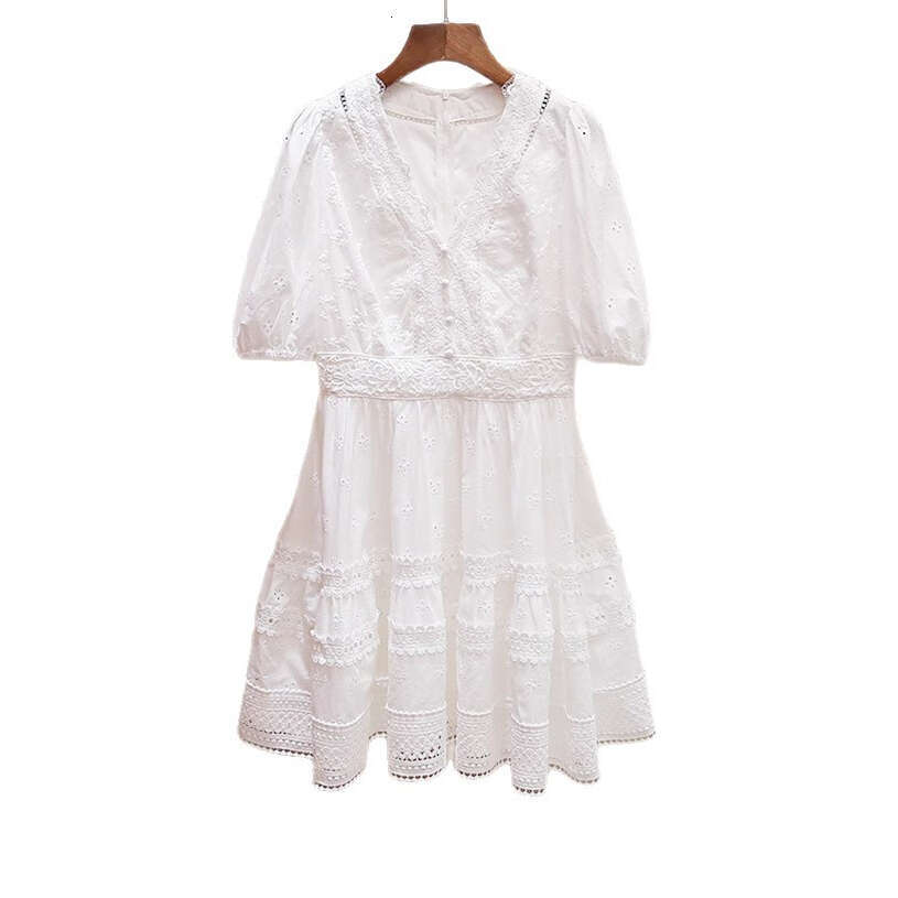 Designer's high-end women's summer FC k30 new FC style French lace embroidery hollow A-line waist V-neck white dress