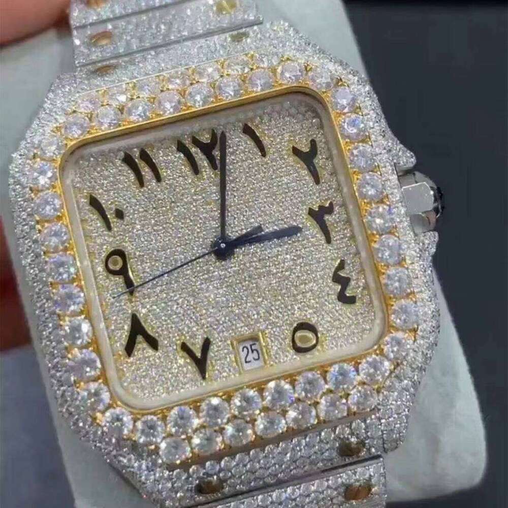 Fully Iced Out Automatic Yellow White Two Tone Plated Colorful Arabic Numericals Square Moissanite Watch for Men