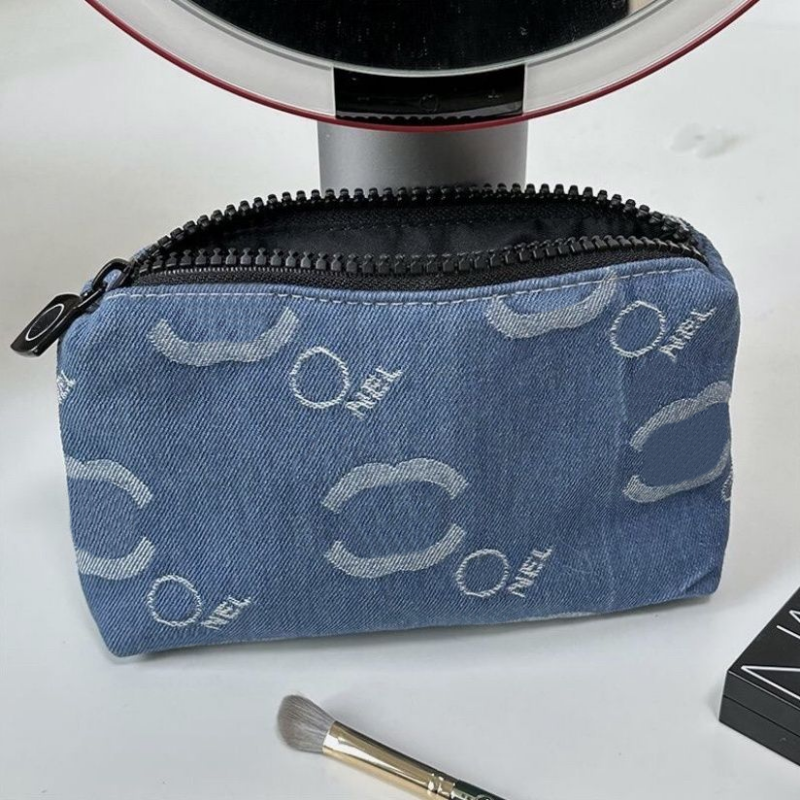 Denim Blue Designer Make Up Bag Fashion Lady Wash Cosmetic Pouch Zipper Embroidery Makeup Bags Travelling Toiletry Purse