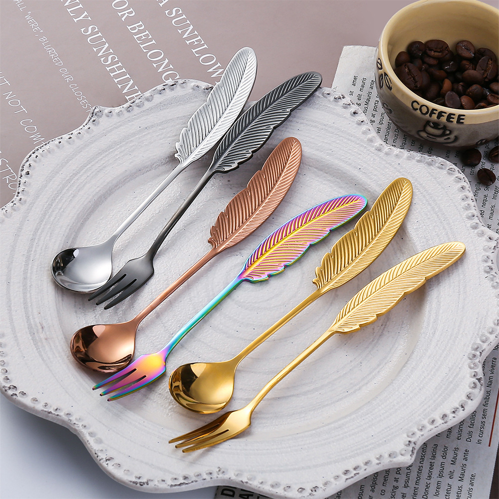 Creative 304 Stainless Steel Feather Shape High-Value Coffee Cute Dessert Spoon Fruit Fork