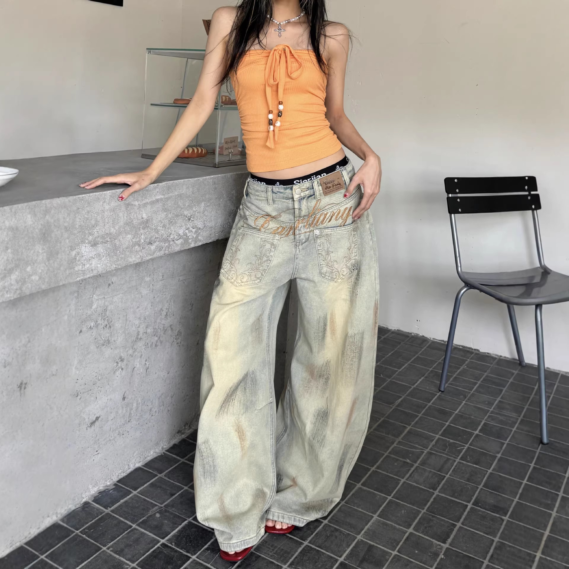 Women's Jeans Hip Hop Splice Fashion Basics Retro For Simple Dressing Up Daily Necessary Wide Leg Pants Baggy Cargo