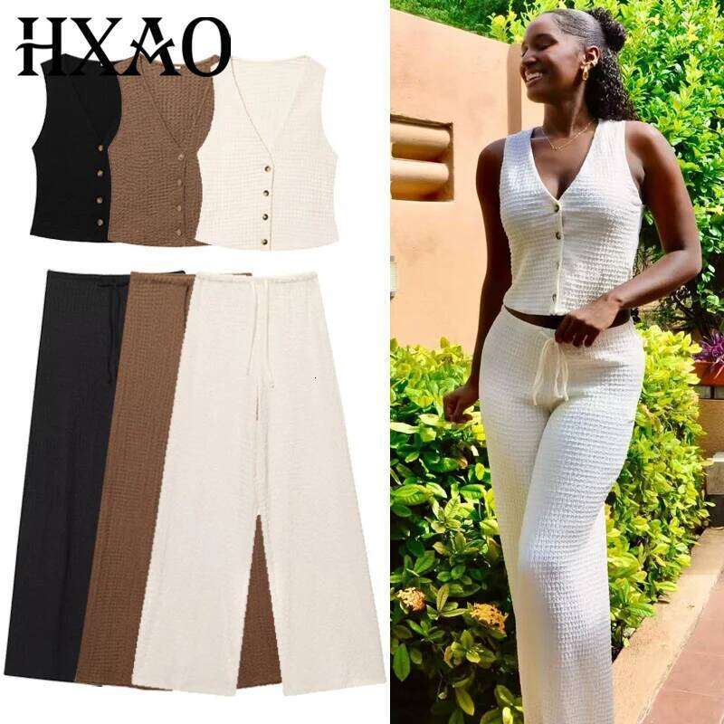 Women's 2 Piece Outfit, Textured Lace Up Pants Set, V Neck Sleeveless Crop Vest Top, Fashion Casual Streetwear Y2K Party Clubwear Suits MAKOUFEI