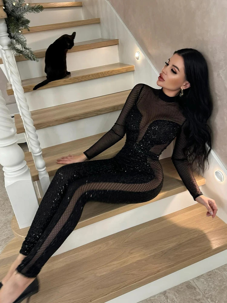 Mesh Patchwork Jumpsuits For Women Fashion Sexy Club Sequined Long Sleeves O-Neck Slim Fit See Through Romper Female Streetwear 260409
