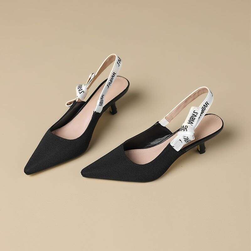 Summer New Versatile Cat Letter for Women, Closed Toe, Thin Mid Heel, Backless, Shallow Mouth, High Heel Sandals