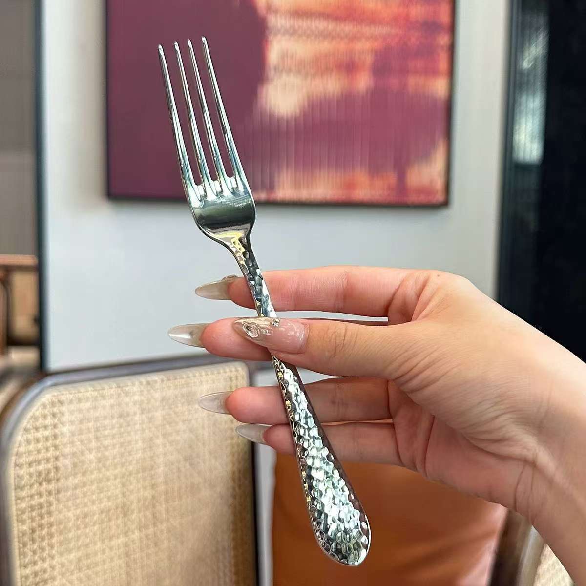 Stainless steel exquisite high-end tableware, Western-style main dinner household long-handled pasta salad fork, steak fork