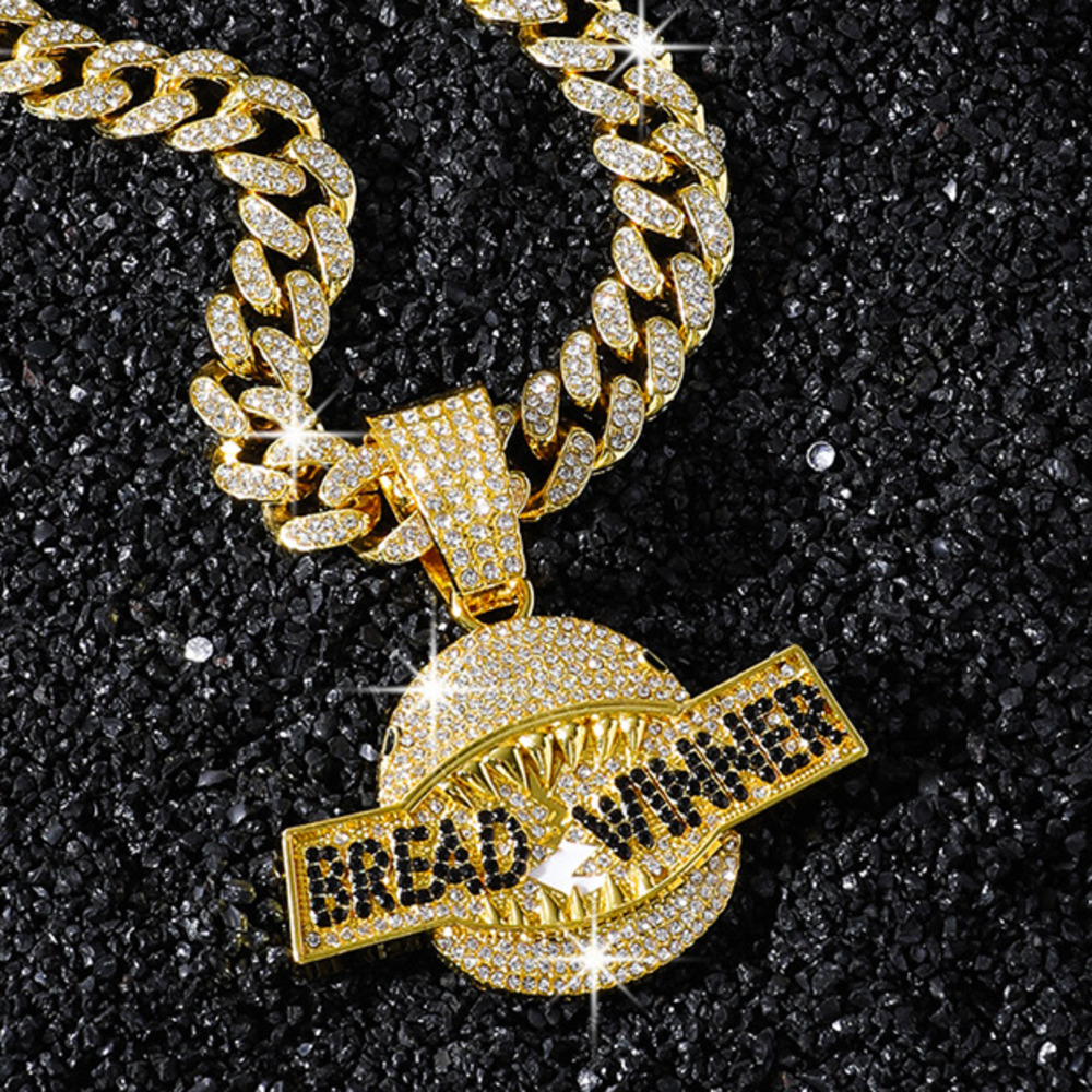 New Mens Full-diamond Bread Winner Shark Mouth Pendant Necklace With Cuban Link Chain Hip Hop Gold Silver Plate Iced Out Gemstone Jewelry Bijoux Gifts