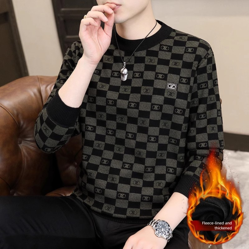 Designer Jacket - Men's Thick Wool Round-neck Sports Shirt Fall/winter Casual Checkered Long-sleeved T-shirt Warm Basic Style Blouse Luxurious Ja
