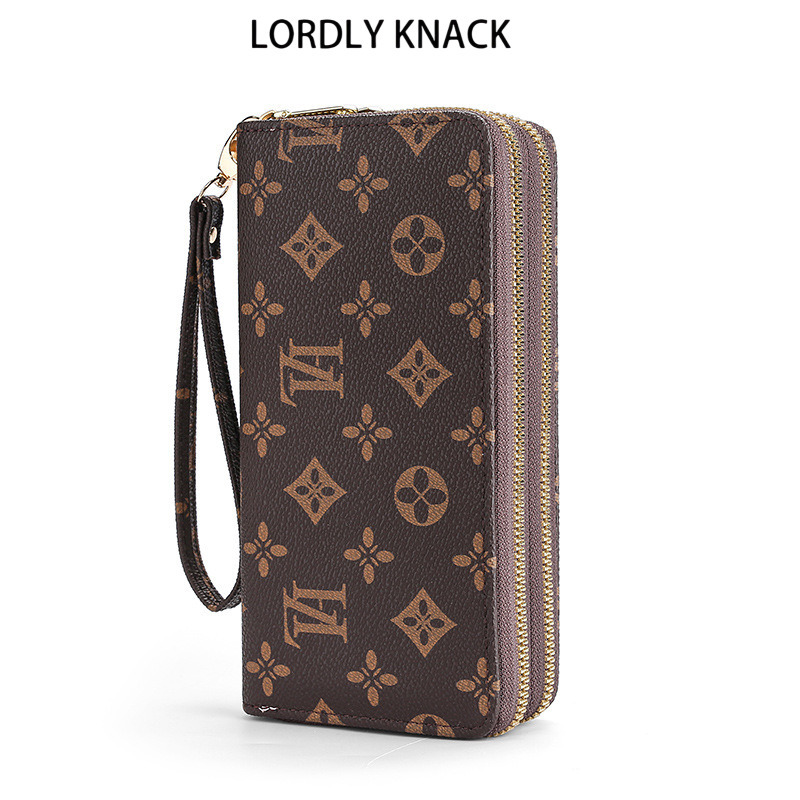 LORDLY KNACK Vintage Monogram Print Double Zip Long Wallet, Gold Hardware Wrist Strap Clutch Purse, 2026 Trendy Women's Luxury Phone Wallet