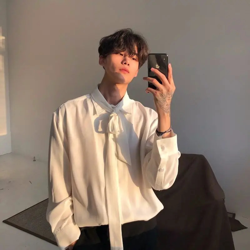 Four Seasons Versatile White Shirt Men Relaxed Simple Chiffon Bow Tie Long Sleeve Casual 260409
