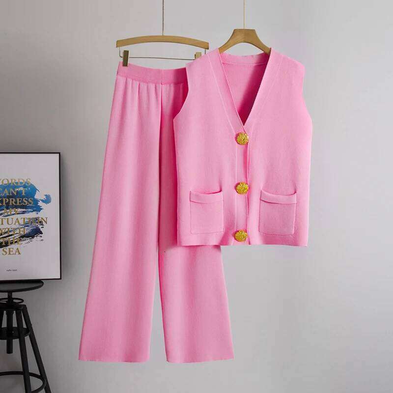 Casual Knit Pieces Suit Women V neck Sleeveless Single Breasted Slim Tank Wide leg Pants Female Set Spring Summer MAKOUFEI