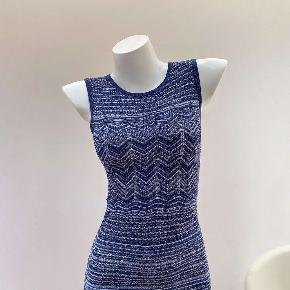 2026 Summer New Designer Holiday k30 Style Hollow Knitted Deep Blue Wave Pattern Tank Top cardigan Women's Dress