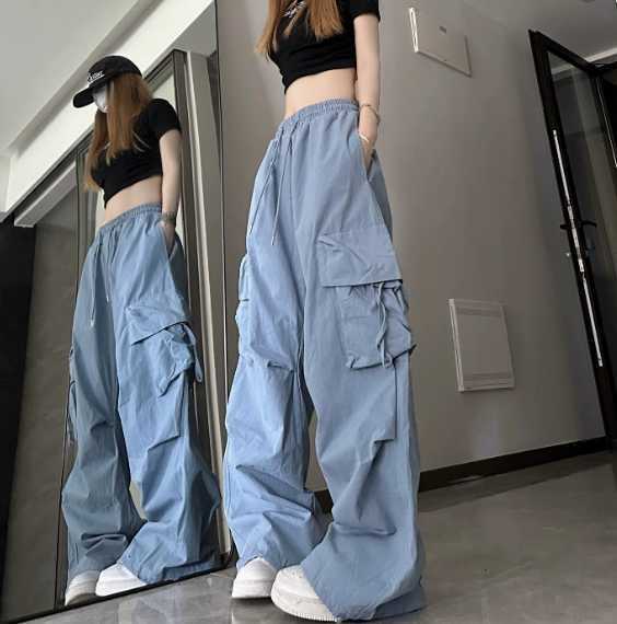 American-style retro quick-drying high-waisted work pants with women's three-dimensional pockets and straight-leg wide-leg design H260410