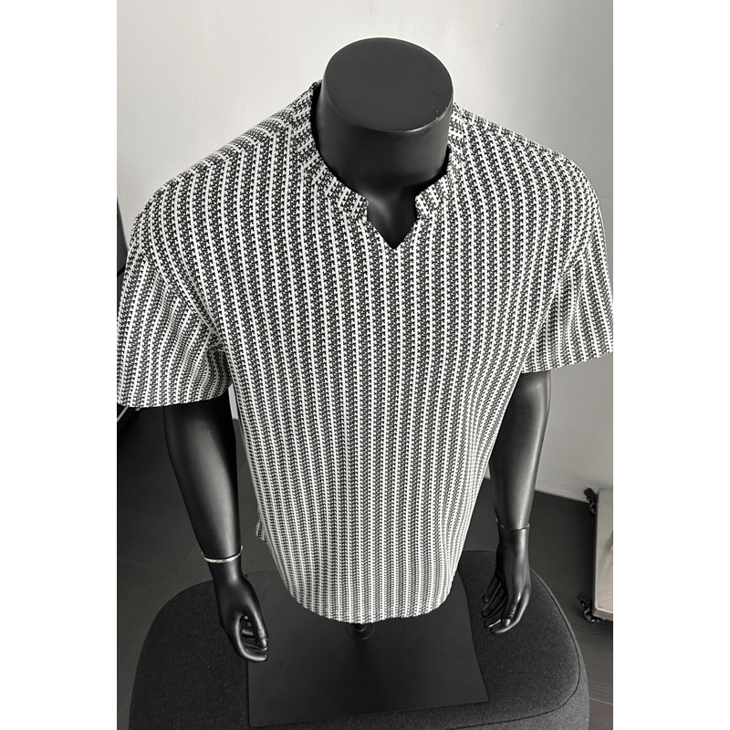 Luxury Brand Herringbone V Neck Short Sleeve T Shirt Men Fashion American Streetwear Trendy Brand Oversized Heavyweight Teen Tee Top Casual Retro Vint