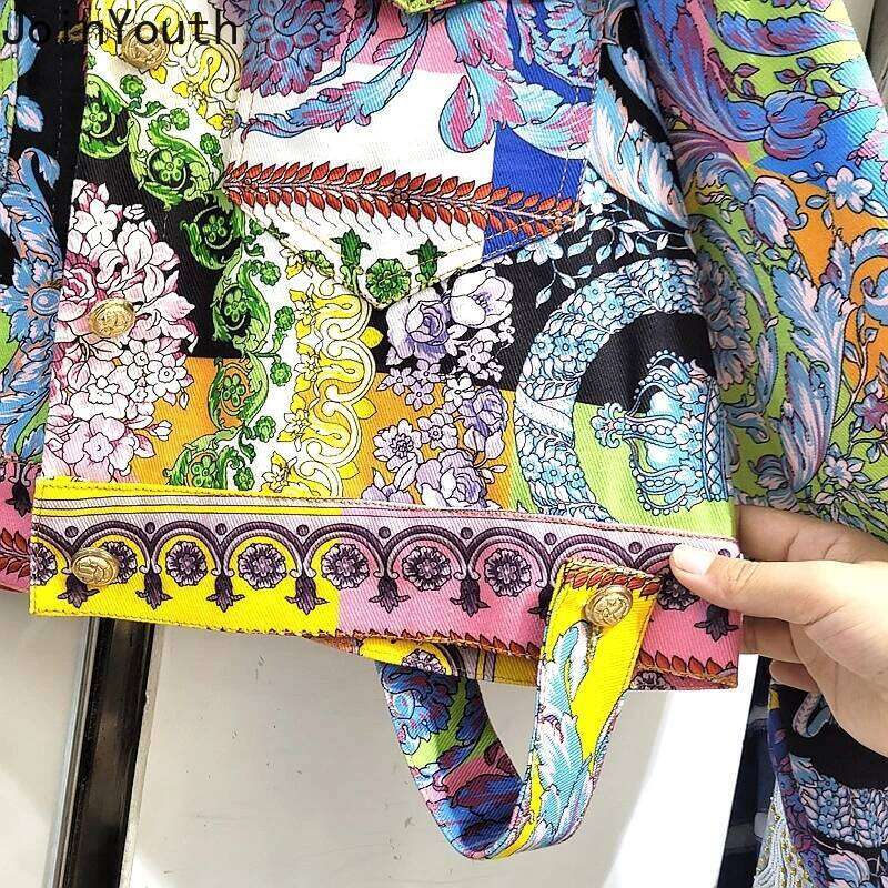 Women Harajuku Print Denim Jacket Casual Korean Style Cropped Coat Streetwear Fashion Outwear Y2K Tops Vintage Jean Jacket MAKOUFEI