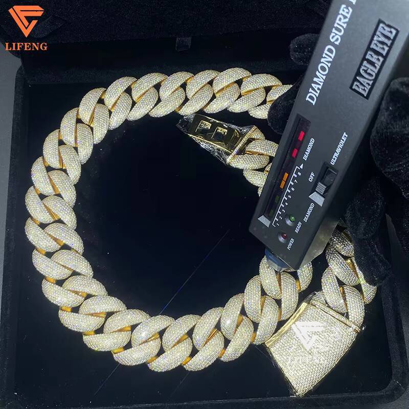 New Fashion 925 Silver Moissanite Diamond Necklace 25mm Ice Bubble Chain Gold Plated Cuban Link Alloy for Men for Hip-hop
