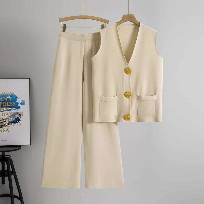 Casual Knit Pieces Suit Women V neck Sleeveless Single Breasted Slim Tank Wide leg Pants Female Set Spring Summer MAKOUFEI