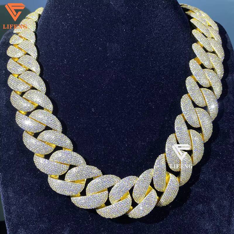New Fashion 925 Silver Moissanite Diamond Necklace 25mm Ice Bubble Chain Gold Plated Cuban Link Alloy for Men for Hip-hop