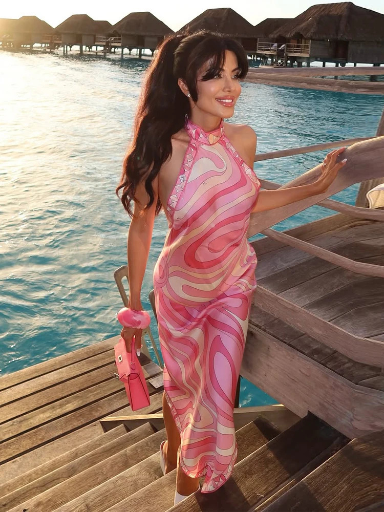 Lady Sexy Printed Halter Dress Sleeveless Off-shoulder Backless Loose Irregular Robe 2026 Summer Women Vacation Street Vestidos 260409