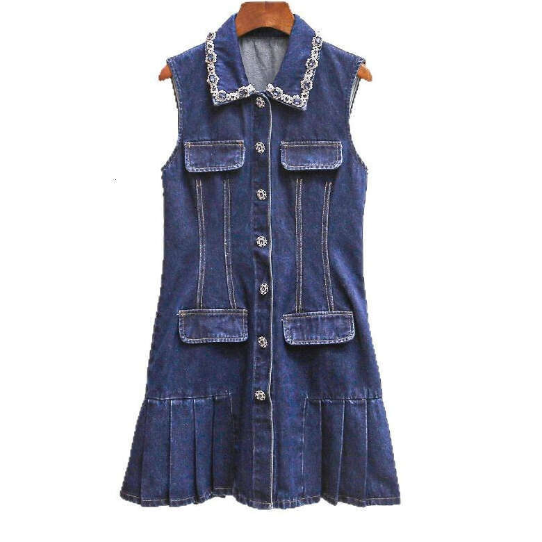 FC Spring and summer new designer simple and mature k30 women's FC high-end pearl embellishment lapel sleeveless single breasted pleated skirt